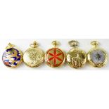 Five various gold plated quartz full hunter pocket watches to include a cloisonné-style example,