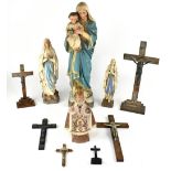 Various religious collectibles to include a large plaster figure depicting Mary and boy Jesus,