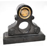 A Victorian slate mantel clock, the enamelled and gilt chapter ring set with Roman numerals,