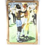 PELE; a reproduction canvas of Pele and Bobby Moore,