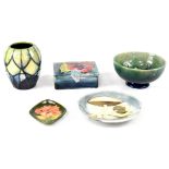 MOORCROFT; five pieces to include a rectangular trinket box,