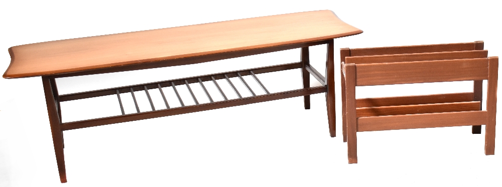 A 1960s retro teak coffee table with shaped top and slatted undertier, 41 x 121 x 41cm,
