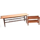 A 1960s retro teak coffee table with shaped top and slatted undertier, 41 x 121 x 41cm,