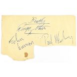 THE BEATLES; a set of three signatures, John Lennon, Paul McCartney, and Ringo Starr.