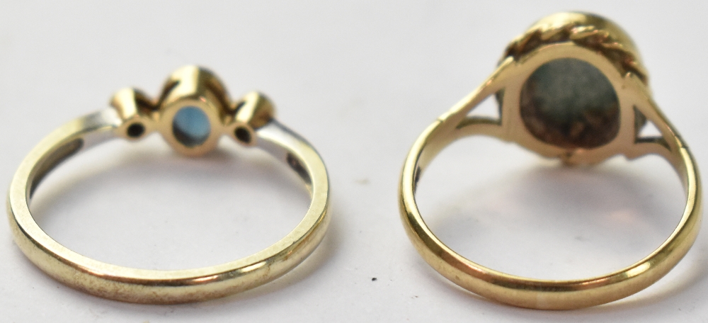 Two hallmarked 9ct gold rings to include a small bezel set blue stone flanked by two small diamonds, - Image 2 of 2