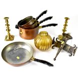 Various metalware to include a fold-out peacock-style brass fire guard, height 65cm,