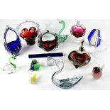 A small quantity of studio glass to include four baskets, spill vases, various bird figures,