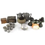 A quantity of vintage pewter ware to include twin-handled biscuit barrel, small teapot,