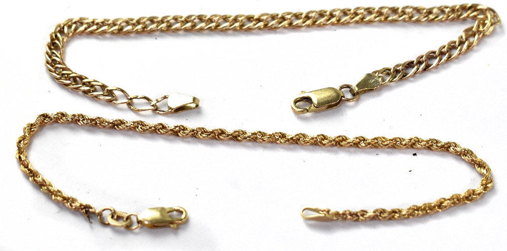 Two hallmarked 9ct gold bracelets to include a dainty rope twist example, length 19cm,