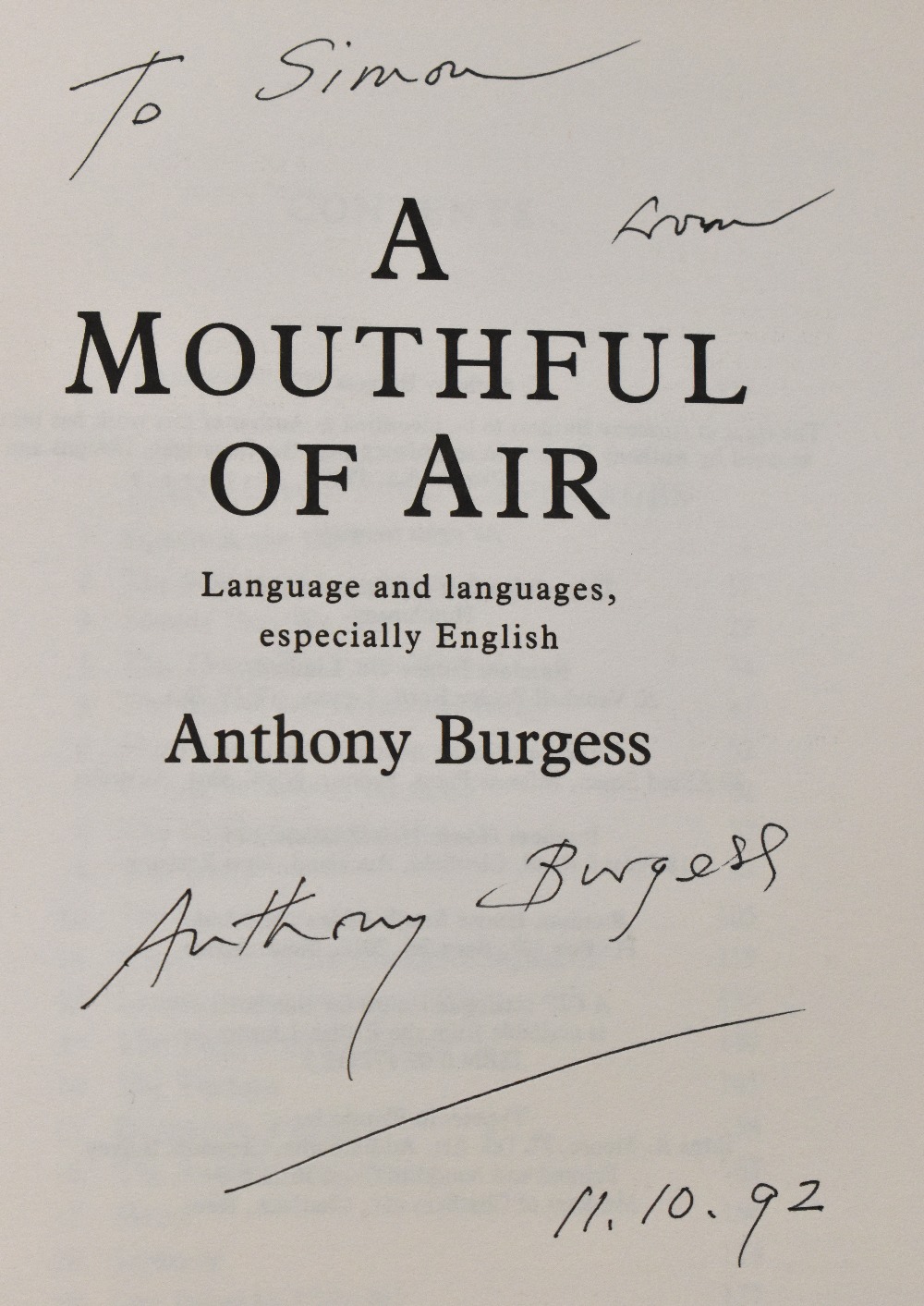 Withdrawn ANTHONY BURGESS; a signed hardback, 'A Mouthful of Air', - Image 2 of 2