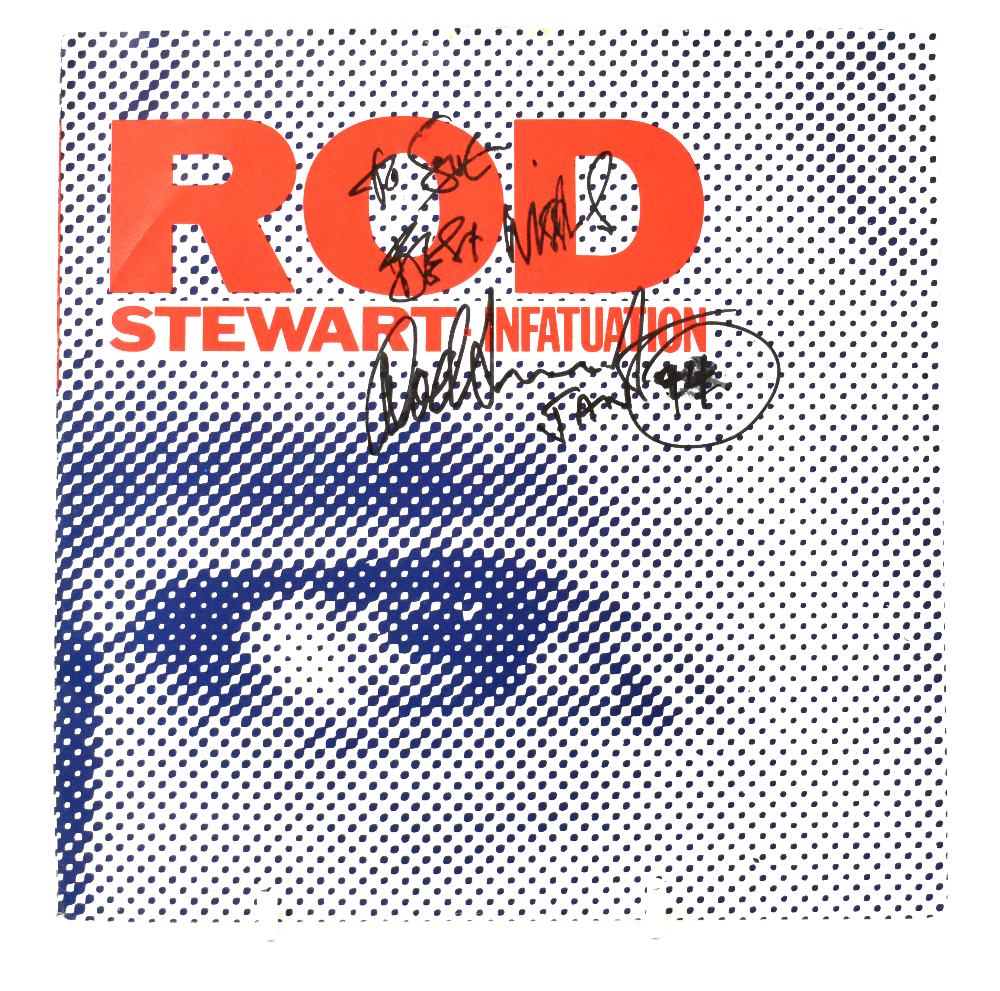 ROD STEWART; a 45rpm single 'Infatuation/Three Time Loser', inscribed 'To Sue,