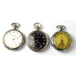 Three open faced pocket watches to include a Moers Military watch with black dial and small