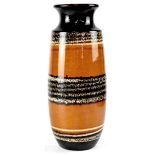 A large retro West German amber ground baluster vase with bands of white and black drip glaze,