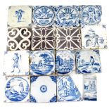A collection of sixteen 18th century and later tin glazed tiles to include three manganese