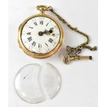 A late 18th/early 19th century yellow metal pocket watch, the key wound fusée movement,