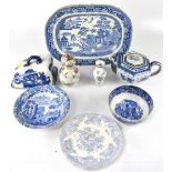 Various items of 19th century blue and white transfer printed pottery to include meat dishes,