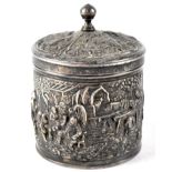 A white metal Dutch-style tea caddy, height approx 11cm.