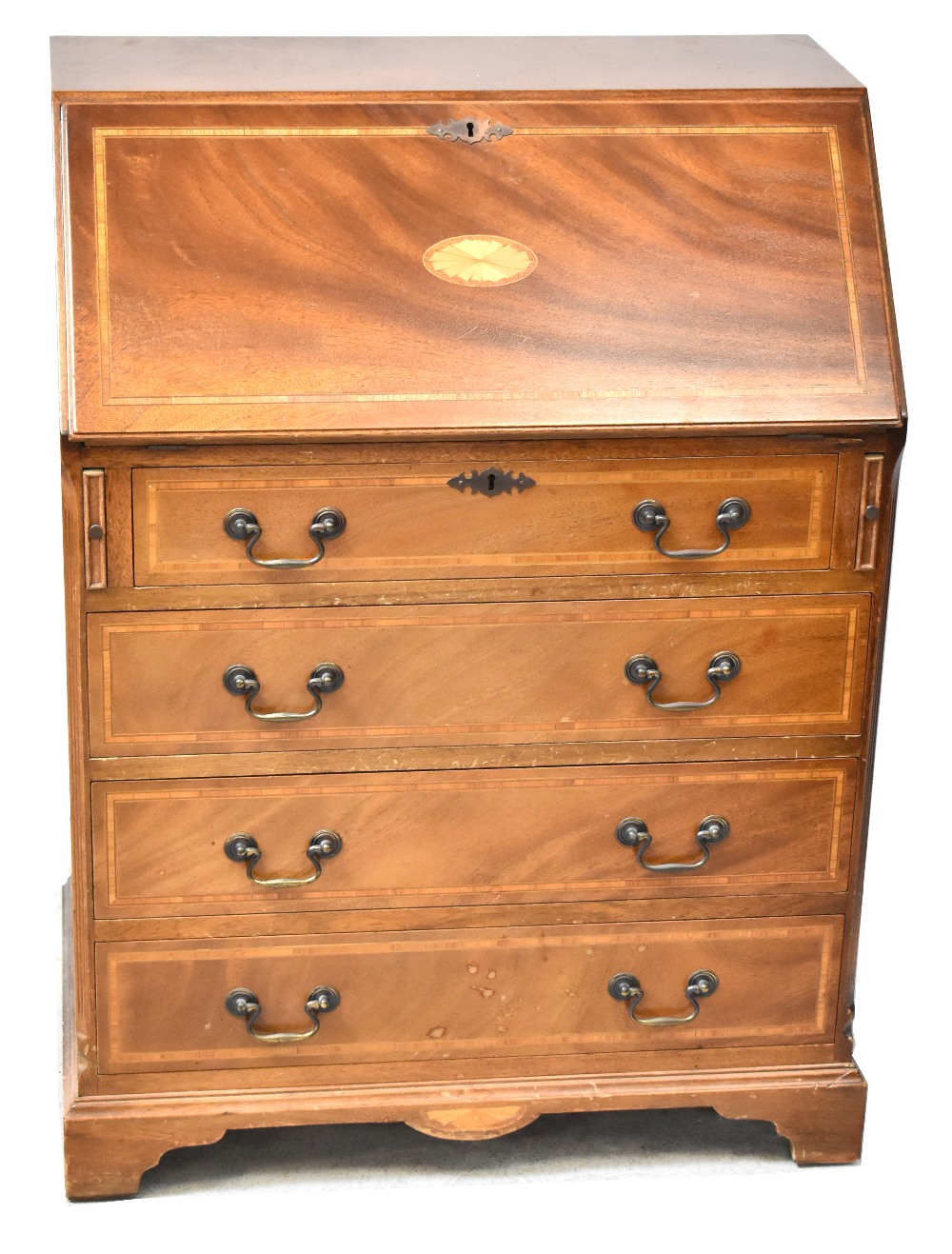 An Edwardian-style reproduction inlaid and cross-banded walnut bureau,