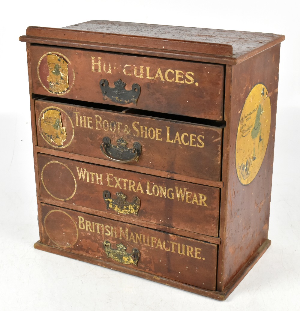 An early 20th century advertising haberdashery type cabinet for Hurculaces shoelaces with four