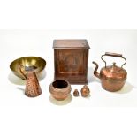 A small group of metalware including copper kettle and snake skin design jug, also an oak table