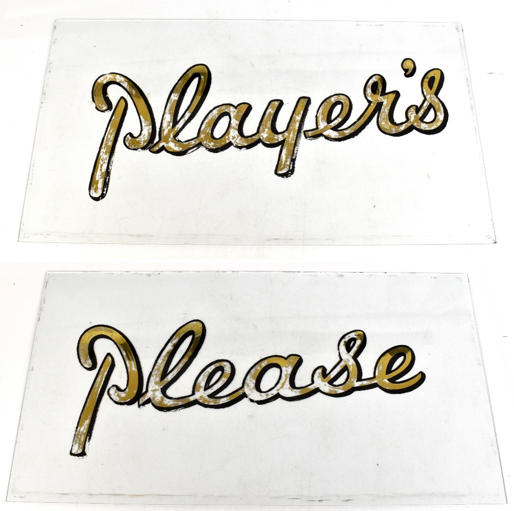 A pair of early 20th century 'Player's Please' advertising shop window panes, with gilt and black