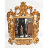 A large modern Florentine style gilt wood wall mirror with scrolling detail surrounding the