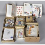 World assortment of stamps on & off paper in 4 small cardboard boxes plus 2 small stock books (