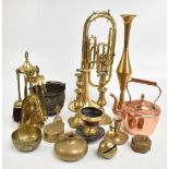 A quantity of assorted metalware including a Swallow trumpet (af), the piece has had screws placed