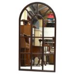 A modern oak effect arched wall mirror with thirteen individual panels, length 136cm, width 74cm.