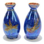 WEDGWOOD; a small pair of lustre ware vases decorated with birds, printed marks to bases, height