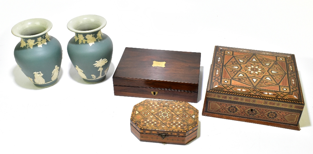 A 19th century rosewood workbox, 23cm, with two 20th century Damascus mother of pearl and wood