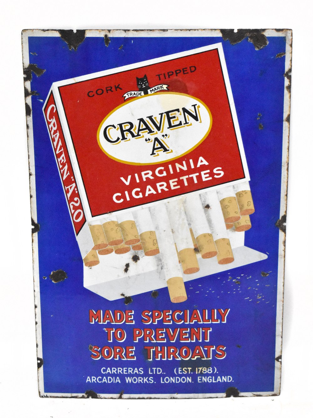 An original advertising enamelled sign 'Craven A, corked tipped Virginia cigarettes, made 'specially