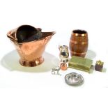 A copper coal scuttle with swing handle, a coopered oak barrel, a small copper trinket box, a silver