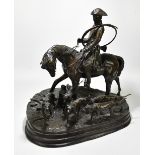 AFTER P J MENE; a large bronze figure group, huntsman on horseback with hounds, impressed