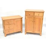 Two modern oak side cabinets, one with three drawers flanked on one side by a single cupboard