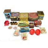A collection of assorted advertising tins including Sovereign Devon Treacle Toffee, Henry Thorn & Co