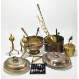 A mixed group of metalware including silver plated tureens, brass fireside companions, etc.