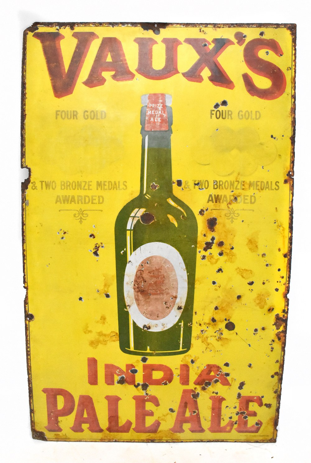 VAUX'S; a large pictorial advertising enamelled sign for 'Vaux's India Pale Ale, four gold & two