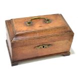 A George III mahogany tea caddy, with brass swan neck handle to the cover and applied escutcheon,