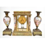 MARTI ET CIE; a late 19th century French onyx, gilt metal and porcelain mantel clock garniture,