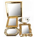 Five decorative wall mirrors including a Venetian style example of shaped rectangular form, 31.5 x