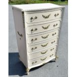 A French-style cream painted bowfront chest of six long drawers, on bracket feet, height 120cm,