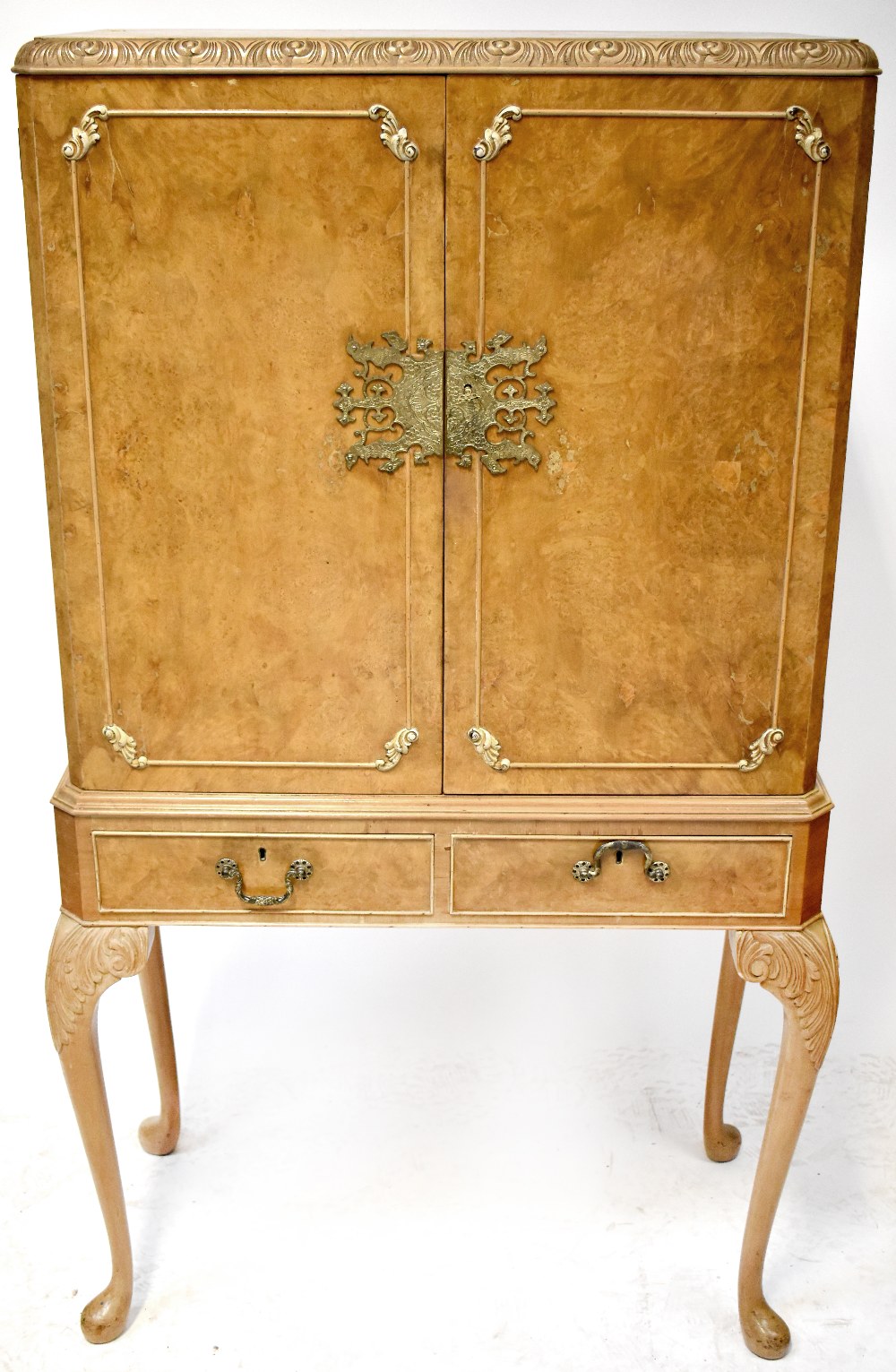 A modern Chinese-style walnut effect cocktail cabinet, with glass shelves, mirrored back and base,