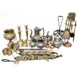 Two boxes containing various items of metalware to include a pair of brass candlesticks,