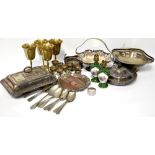 Various silver-plated items to include basket, egg cup, pierced trays, wine coaster, napkin rings,