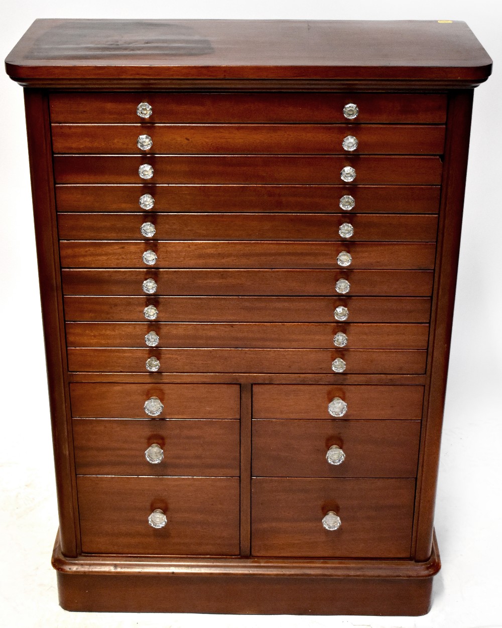 An early 20th century mahogany specimen/collector's chest of ten long drawers over two banks of