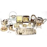 Various items of silver plate to include a tea set, various cutlery, spirit kettle, vases,