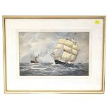 J W CAREY; watercolour, sailboats and steam liner on choppy waters,