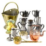 A collection of pewter and other metalware to include pewter mugs, coffee pot,