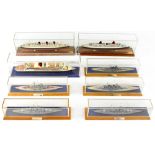 Eight models of various vessels, all in glazed cases, to include 'Gneisenau', 'Bismarck',